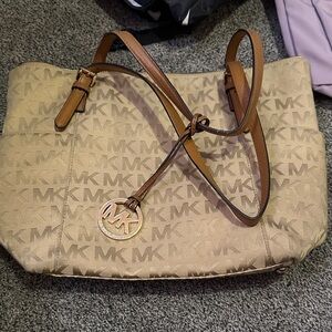 Michael Kors Beige MK Logo Tote with Brown Leather Straps